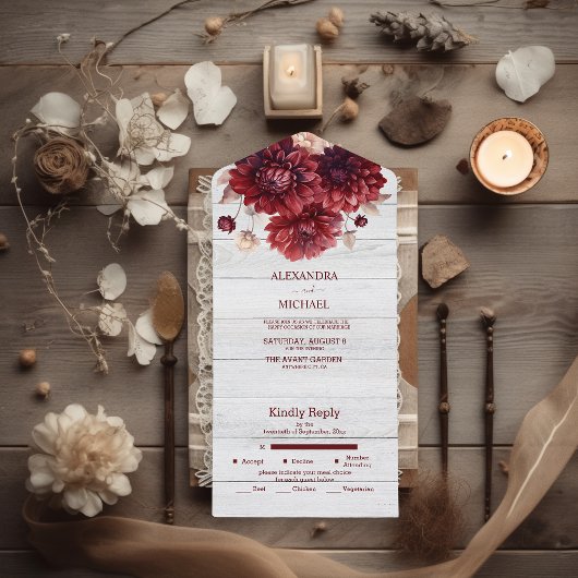 Elegant Watercolor Burgundy Dahlia Wedding All In One Einladung