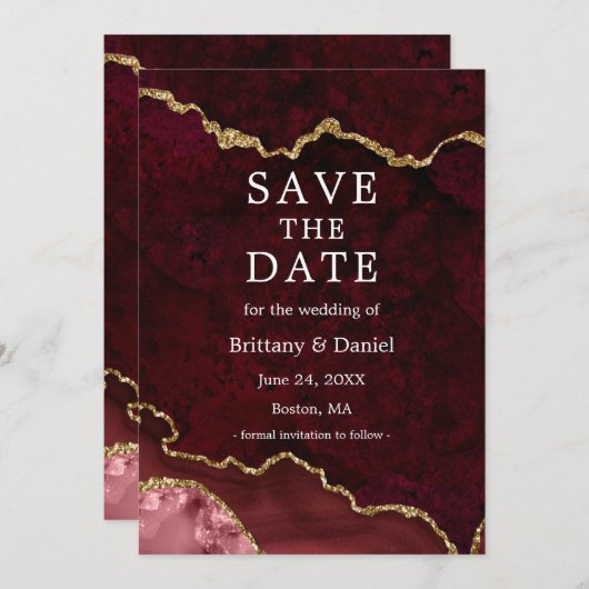Elegant Watercolor Burgundy Marble Agate Geode Save The Date (Vorne/Hinten)