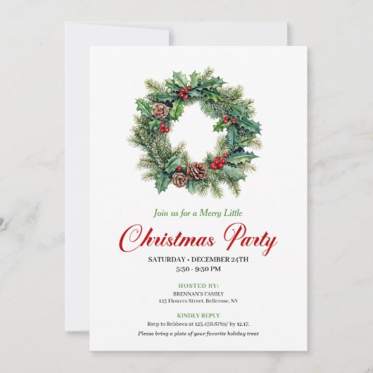 Elegant Watercolor Christmas Wreath Party Invite Einladung (Vorderseite)