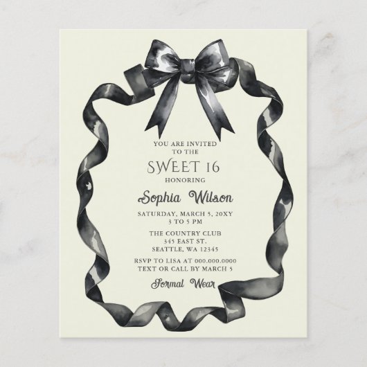 Elegant Watercolor Coquette Black Bow Sweet 16 (Vorderseite)