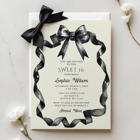 Elegant Watercolor Coquette Black Bow Sweet 16 Einladung