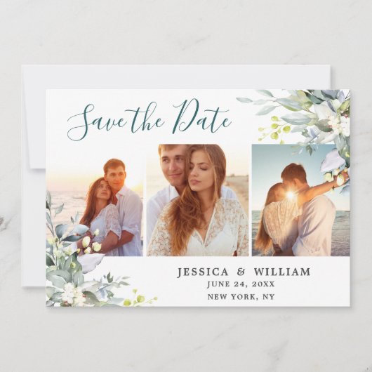 Elegant Watercolor Eucalyptus 3 FOTO Wedding Save The Date (Vorderseite)