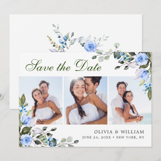 Elegant Watercolor Eucalyptus 3 FOTO Wedding Save The Date (Vorne/Hinten)