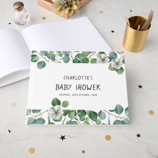 Elegant Watercolor Eucalyptus Baby Shower Gästebuch (Vorderseite Offen)