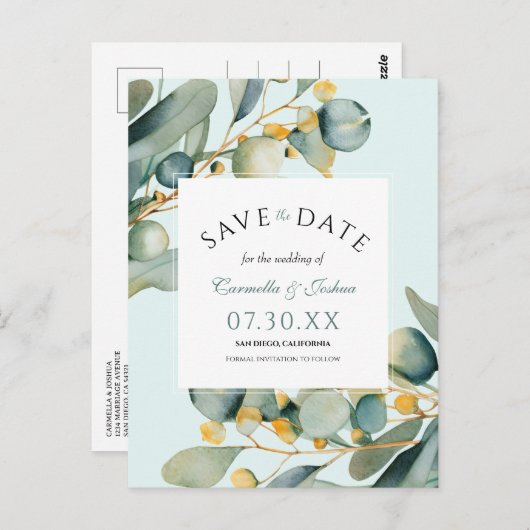Elegant Watercolor Eucalyptus Boho Save the Date Postkarte (Vorne/Hinten)