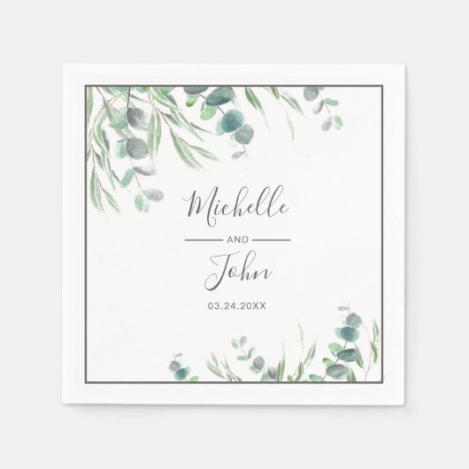 Elegant Watercolor Eucalyptus Foliage Name Wedding Serviette (Vorderseite)