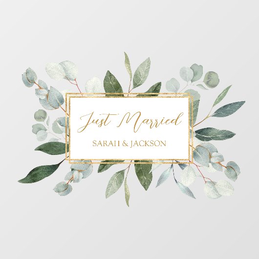 Elegant Watercolor Eucalyptus Leaves Just Married Fensteraufkleber (Blatt)