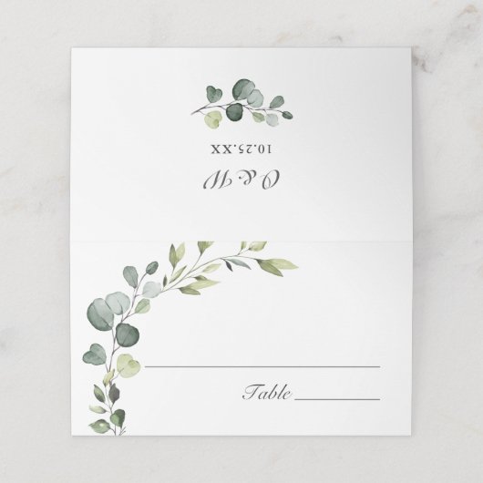 Elegant Watercolor Eucalyptus Wedding Boho Platzkarte (Außenseite Aufgefaltet)