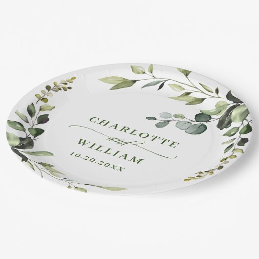 Elegant Watercolor Eucalyptus Wedding Pappteller (Schrägansicht)