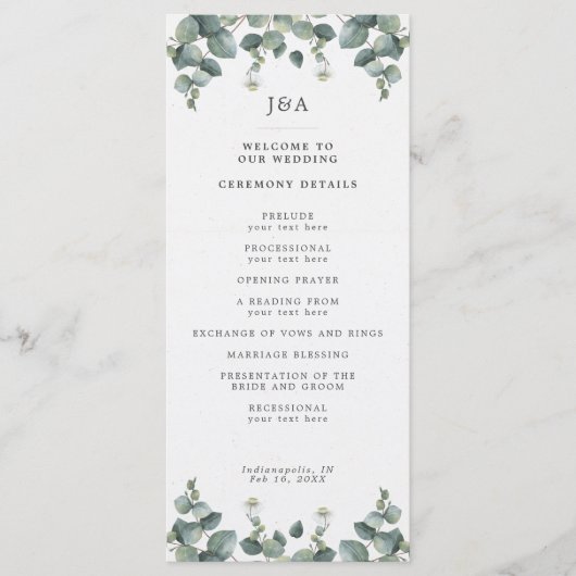 Elegant Watercolor Eucalyptus Wedding Programm (Vorderseite)