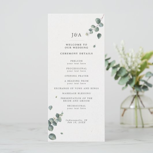 Elegant Watercolor Eucalyptus Wedding Programm (Stehend Vorderseite)