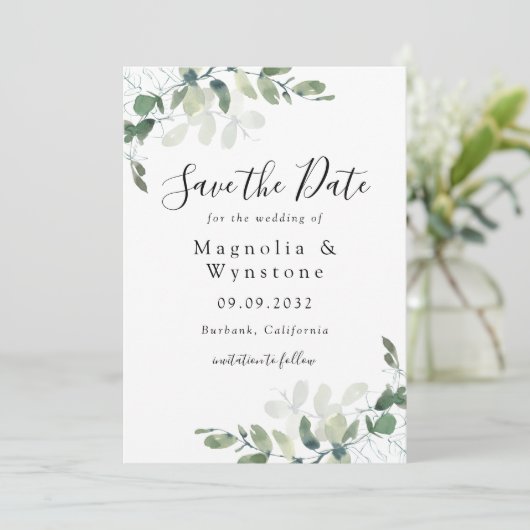 Elegant Watercolor Eucalyptus Wedding Save The Date (Stehend Vorderseite)