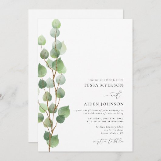 Elegant Watercolor Eukalyptus Greenerity Wedding Einladung (Vorne/Hinten)