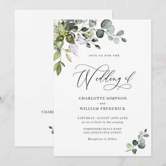 Elegant Watercolor Eukalyptus Greenerity Wedding Einladung (Vorne/Hinten)