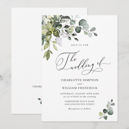Elegant Watercolor Eukalyptus Greenerity Wedding Einladung (Vorne/Hinten)