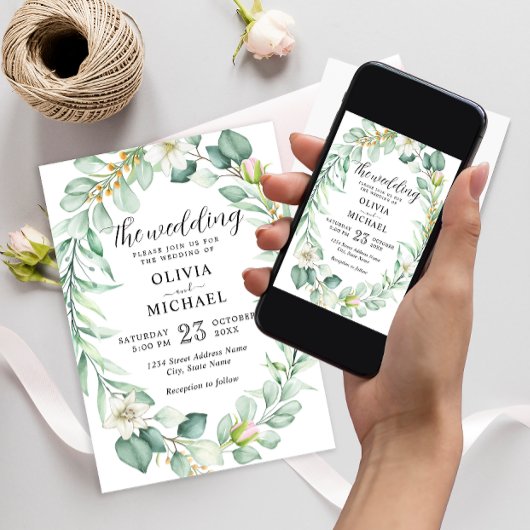 Elegant Watercolor Eukalyptus Greenerity Wedding Einladung