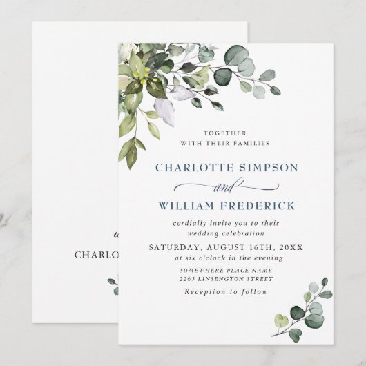 Elegant Watercolor Eukalyptus Greenerity Wedding Einladung (Vorne/Hinten)
