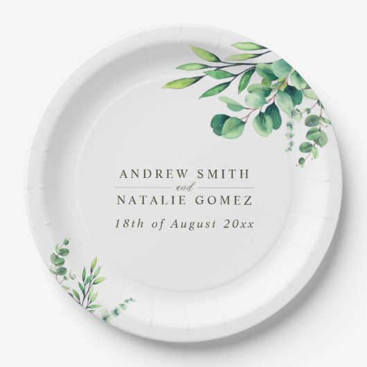 Elegant Watercolor Eukalyptus Greenerity Wedding Pappteller (Vorderseite)