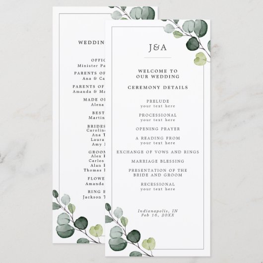 Elegant Watercolor Eukalyptus Greenerity Wedding Programm (Vorne/Hinten)