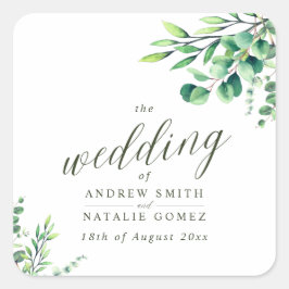 Elegant Watercolor Eukalyptus Greenerity Wedding Quadratischer Aufkleber