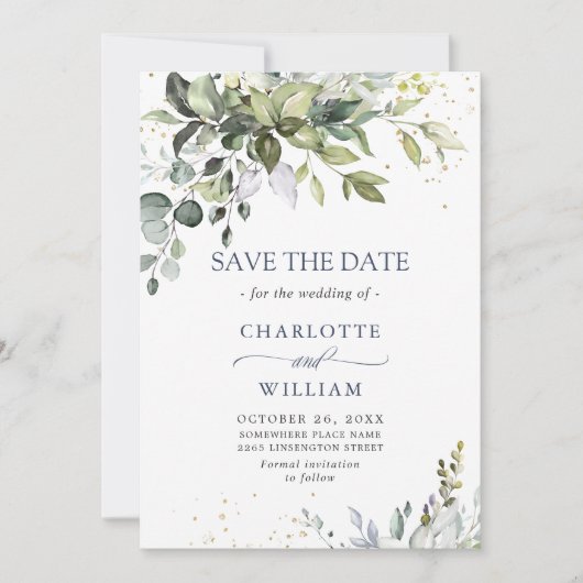 Elegant Watercolor Eukalyptus Greenerity Wedding Save The Date (Vorderseite)