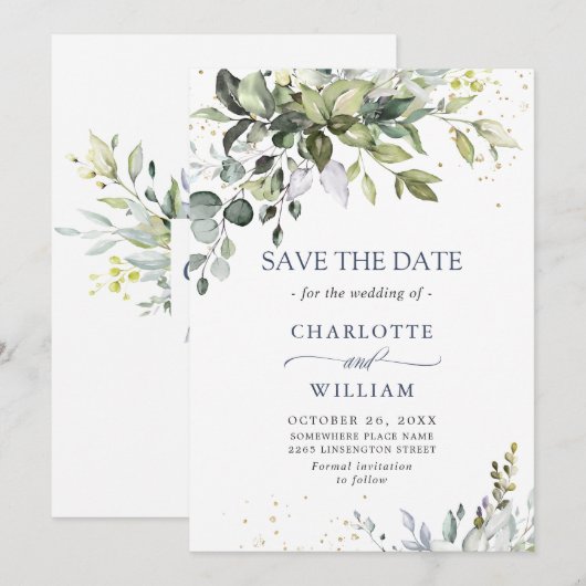 Elegant Watercolor Eukalyptus Greenerity Wedding Save The Date (Vorne/Hinten)