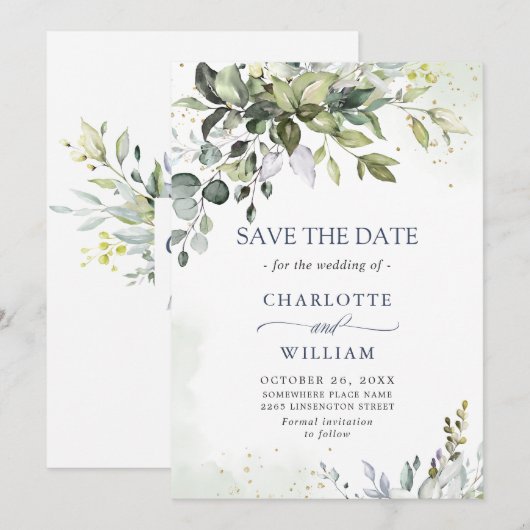 Elegant Watercolor Eukalyptus Greenerity Wedding Save The Date (Vorne/Hinten)