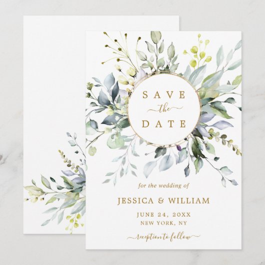 Elegant Watercolor Eukalyptus Greenerity Wedding Save The Date (Vorne/Hinten)