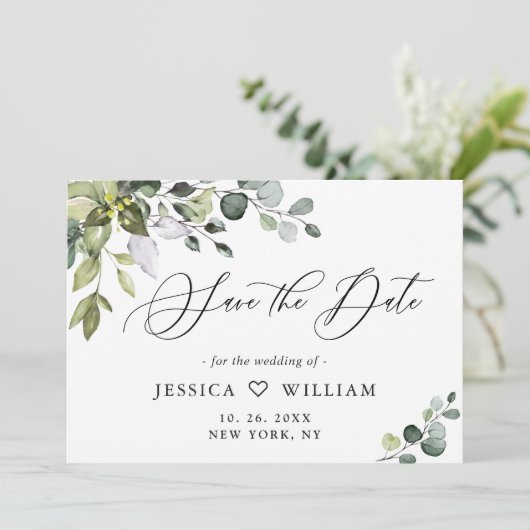 Elegant Watercolor Eukalyptus Greenerity Wedding Save The Date (Stehend Vorderseite)
