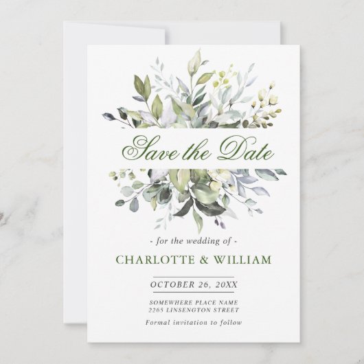 Elegant Watercolor Eukalyptus Greenerity Wedding Save The Date (Vorderseite)