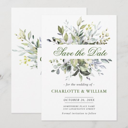 Elegant Watercolor Eukalyptus Greenerity Wedding Save The Date (Vorne/Hinten)