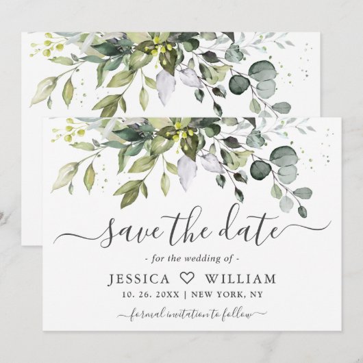 Elegant Watercolor Eukalyptus Greenerity Wedding Save The Date (Vorne/Hinten)