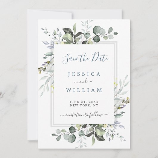 Elegant Watercolor Eukalyptus Greenerity Wedding Save The Date (Vorderseite)