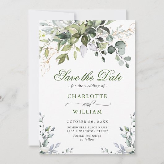 Elegant Watercolor Eukalyptus Greenerity Wedding Save The Date (Vorderseite)
