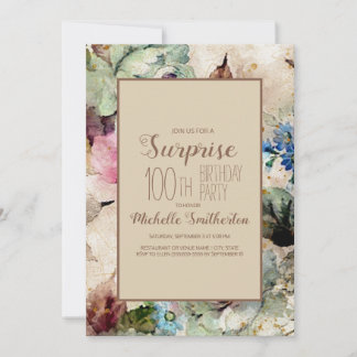 Elegant Watercolor Floral 100. Geburtstag Einladung