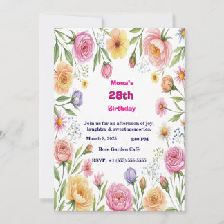Elegant Watercolor Floral 28th Adult Birthday Invi Einladung