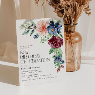 Elegant Watercolor Floral 80. Geburtstag Einladung