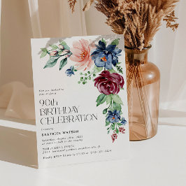 Elegant Watercolor Floral 90. Geburtstag Einladung