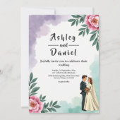 Elegant Watercolor Floral Bride And Groom Wedding Einladung (Vorderseite)