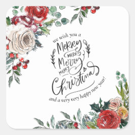 Elegant Watercolor Floral Holly Frohe Weihnachten Quadratischer Aufkleber