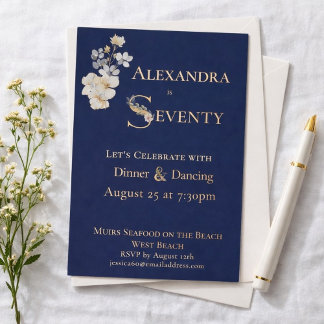 Elegant Watercolor Floral Navy 70th Birthday  Folieneinladung
