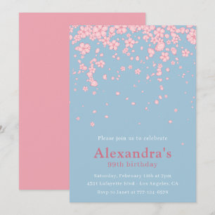 Elegant Watercolor Floral Pink Blau 99. Geburtstag Einladung