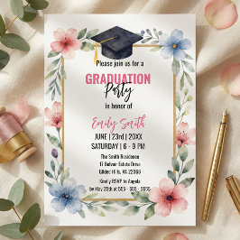Elegant Watercolor Floral Pink Blue Graduation Einladung