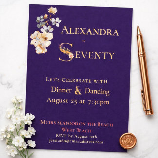 Elegant Watercolor Floral Plum 70th Birthday Rose Folieneinladung