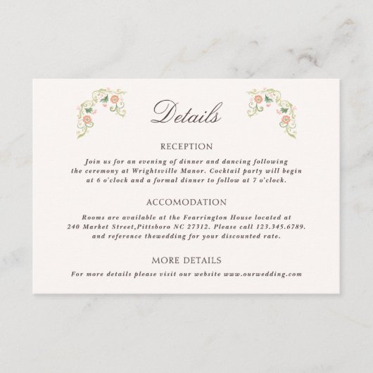 Elegant Watercolor Floral Rococo Wedding Details Begleitkarte (Vorderseite)