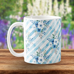 Elegant Watercolor Floral Stripe Blue Cottagecore Kaffeetasse