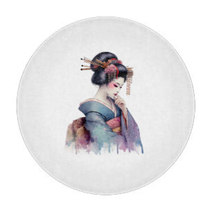 Elegant Watercolor Geisha in Soft Teal and Plum Schneidebrett