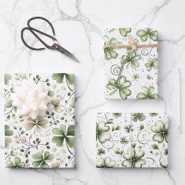 Elegant Watercolor Green Shamrocks Patterns Geschenkpapier Set