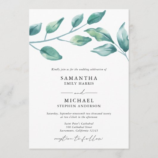Elegant Watercolor Greenerity Wedding Einladung (Vorderseite)