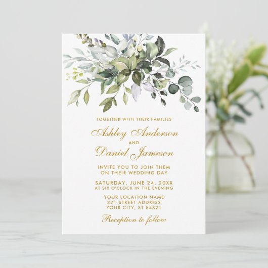 Elegant Watercolor Greenerity Wedding Gold Einladung (Stehend Vorderseite)